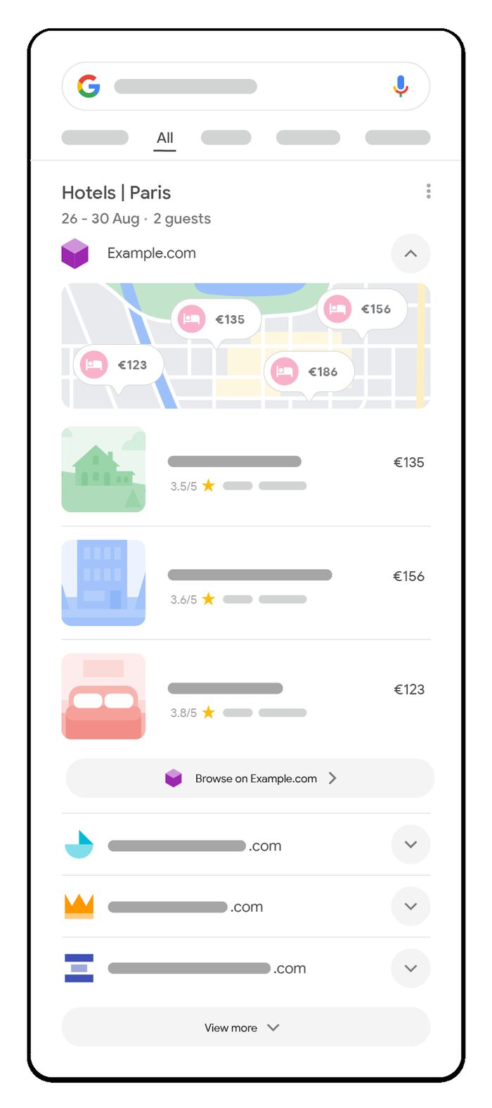 Mockup oficial de Google del aggregator unit: cabecera Hotels Paris, el agregador Example.com expandido con mapa de precios y tres fichas de hotel, y debajo tres competidores plegados con un botón View more