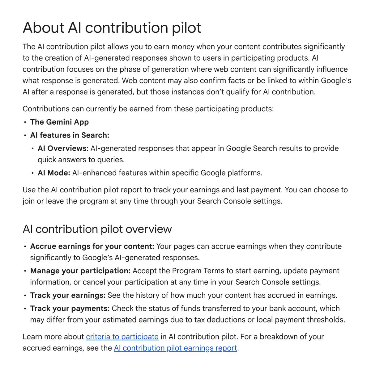 Documento de ayuda de Google About AI contribution pilot con los productos participantes y las secciones de ganancias y pagos
