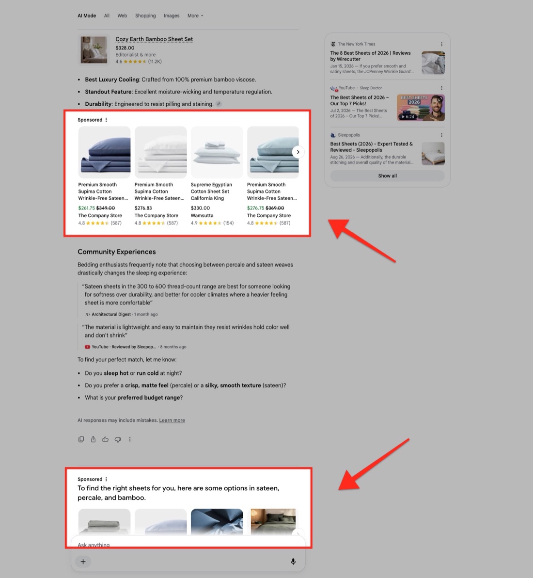 Respuesta de AI Mode con dos bloques patrocinados marcados en rojo: un carrusel de shopping incrustado entre párrafos y una unidad publicitaria al final de la respuesta