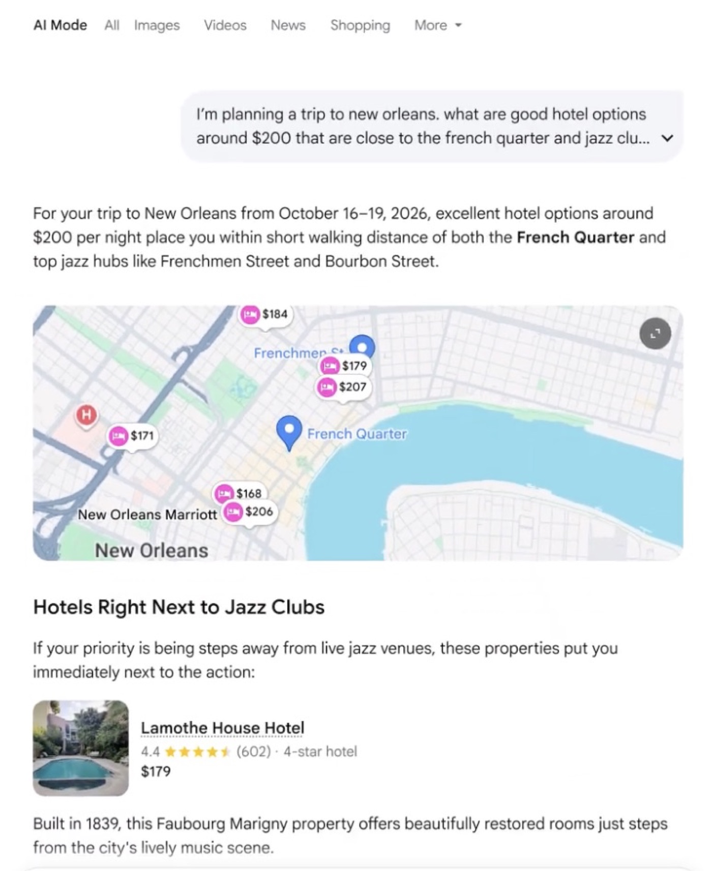 AI Mode respondiendo a una consulta de viaje a Nueva Orleans con un mapa de hoteles, precios y fichas con reseñas