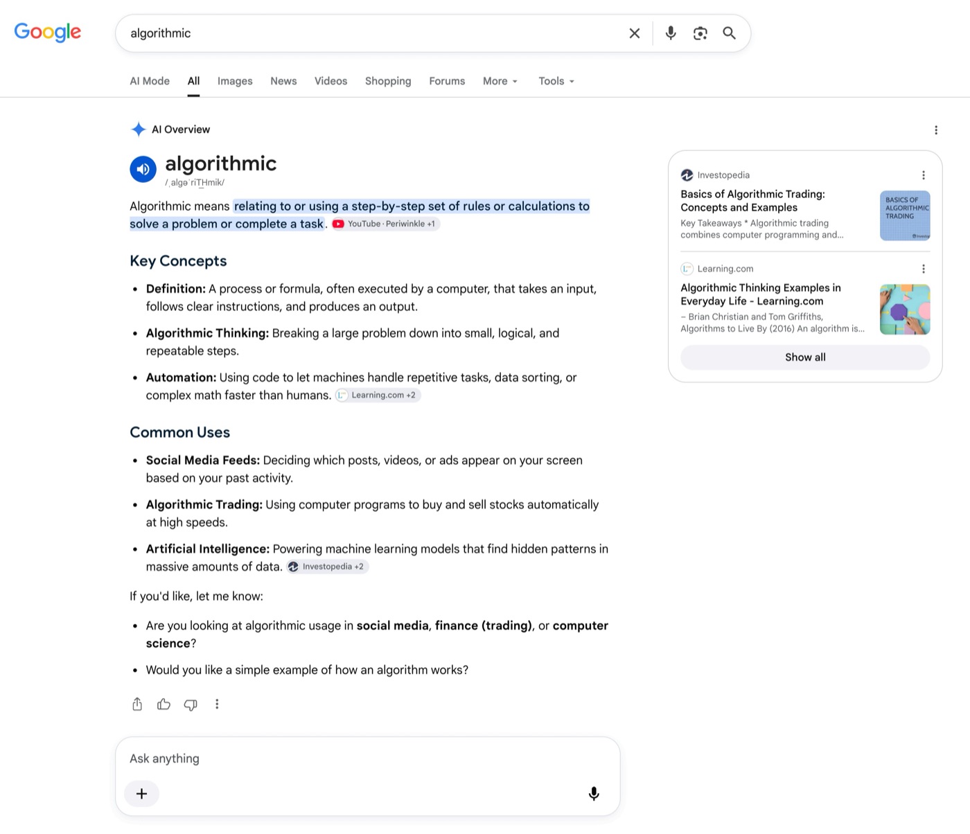El comportamiento nuevo: AI Overview completo desplegado con la caja Ask anything de AI Mode debajo y sin resultados orgánicos a la vista