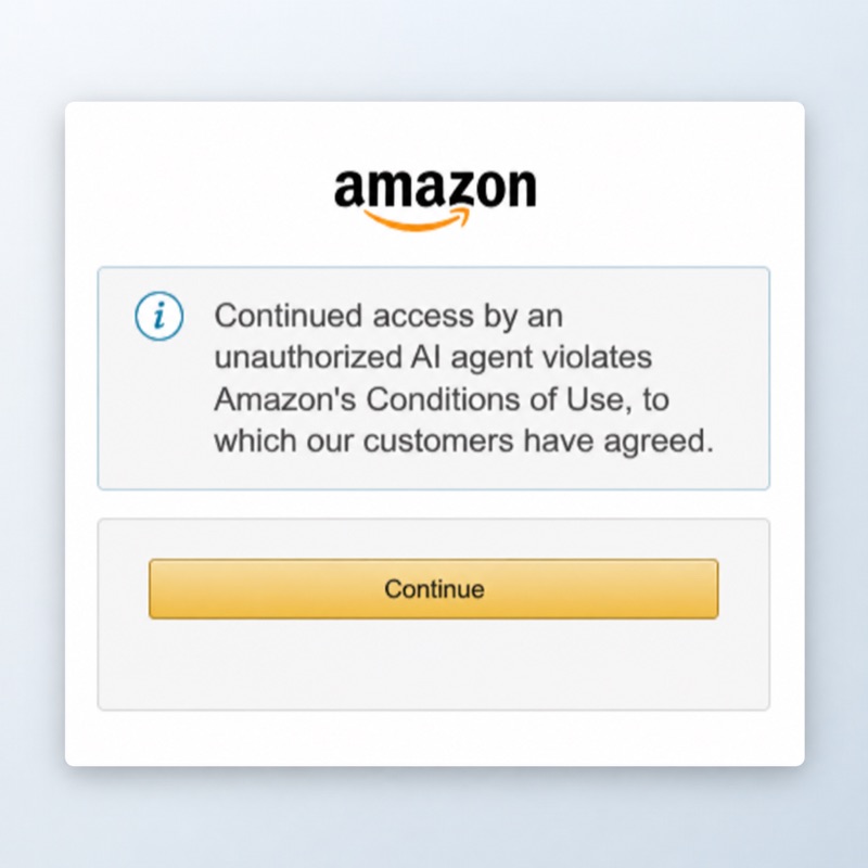 Ventana de Amazon con el logo, un icono de información y el texto «Continued access by an unauthorized AI agent violates Amazon's Conditions of Use, to which our customers have agreed», con un botón amarillo «Continue» debajo