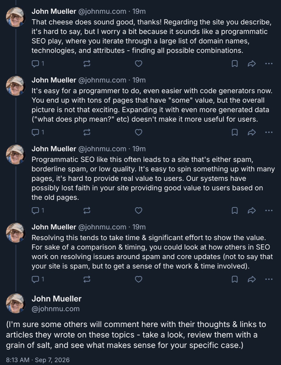 Hilo de John Mueller en Bluesky sobre SEO programático, con la frase sobre perder la fe en el site resaltada en el tercer post