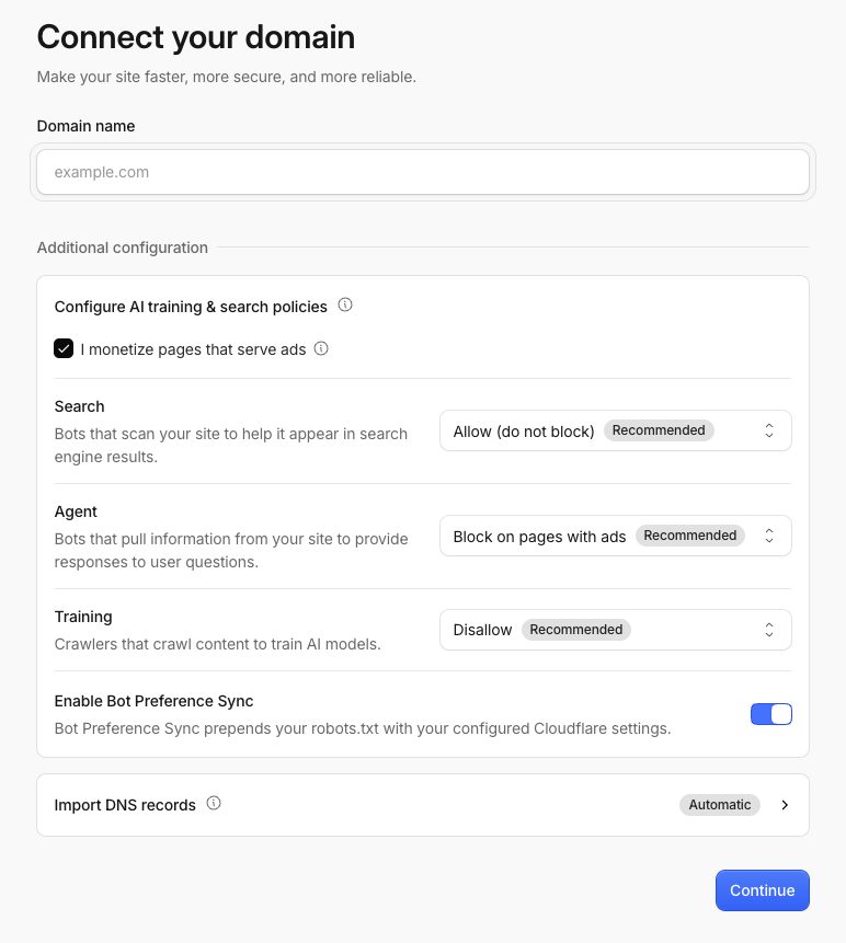 Pantalla de alta de dominio en Cloudflare con la casilla I monetize pages that serve ads marcada, Search en Allow, Agent en Block on pages with ads, Training en Disallow y Bot Preference Sync activado