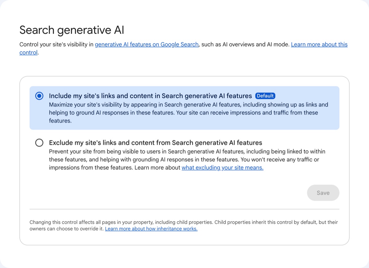 Pantalla de ajustes de Search Console con las dos opciones del control de IA generativa: incluir o excluir los enlaces y el contenido del sitio