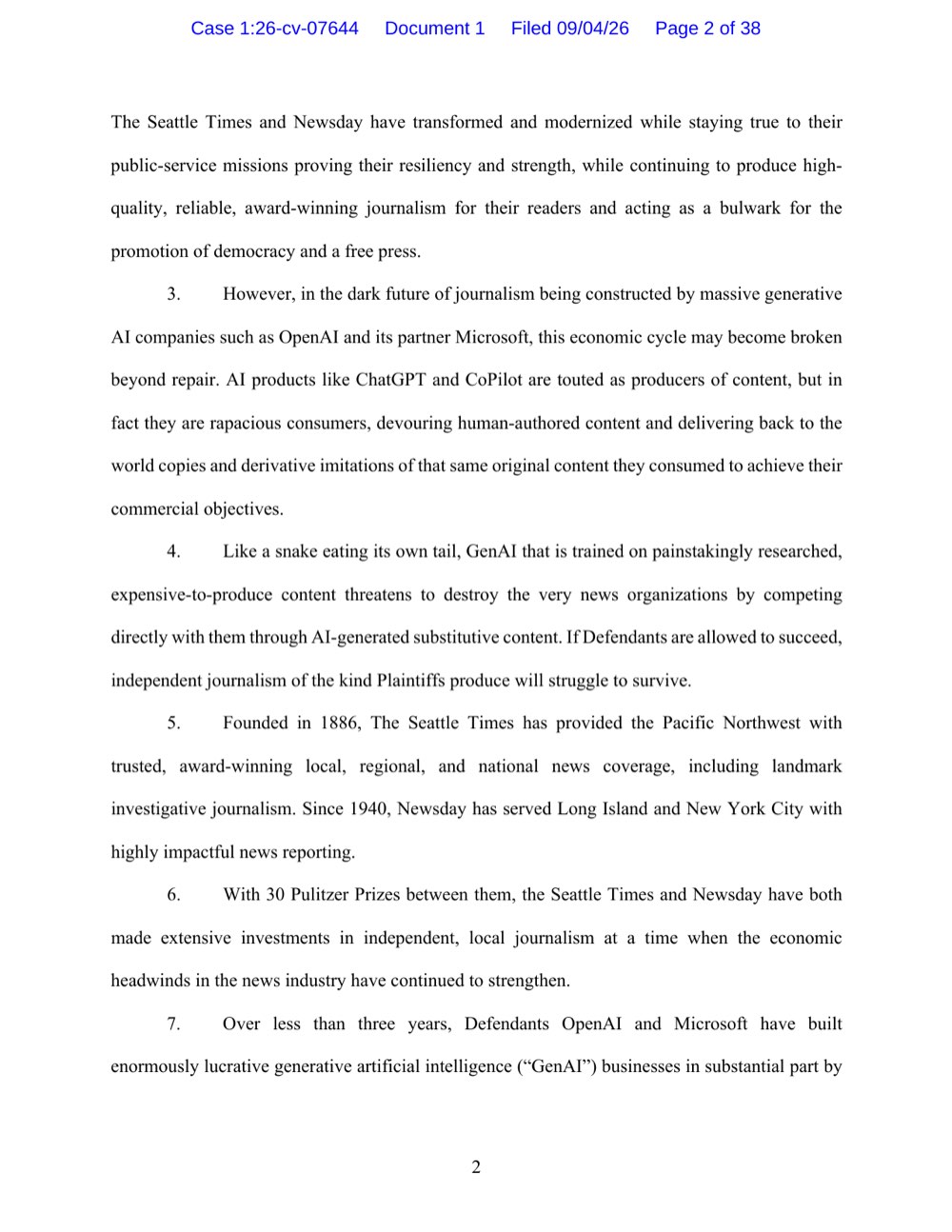 Página 2 de la demanda de The Seattle Times y Newsday contra OpenAI y Microsoft, con los párrafos 3 y 4 sobre los consumidores rapaces y la serpiente que se muerde la cola