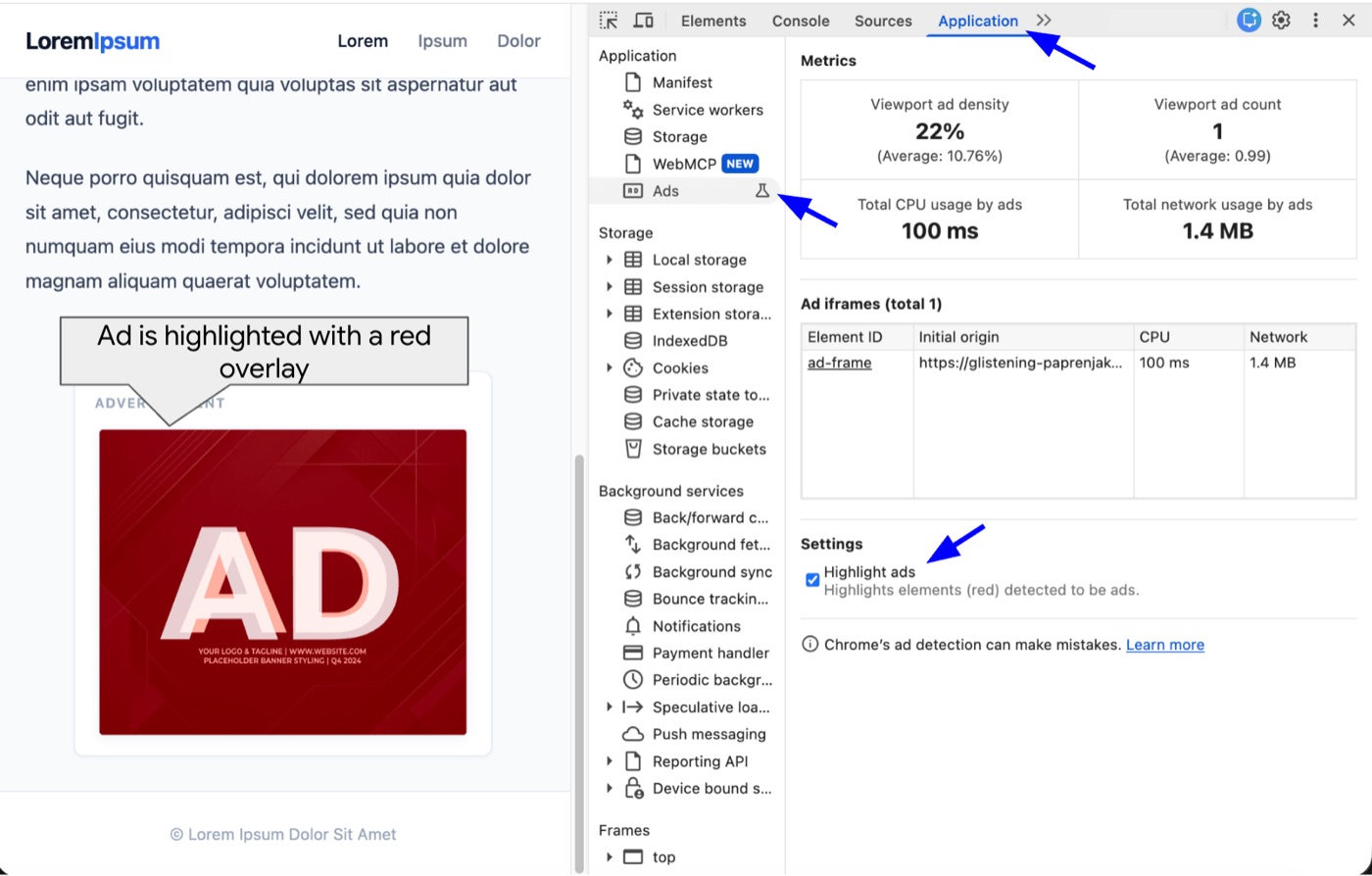 Panel Application de Chrome DevTools con la pestaña Ads, las métricas de densidad, número, CPU y red de los anuncios y la opción Highlight ads marcada