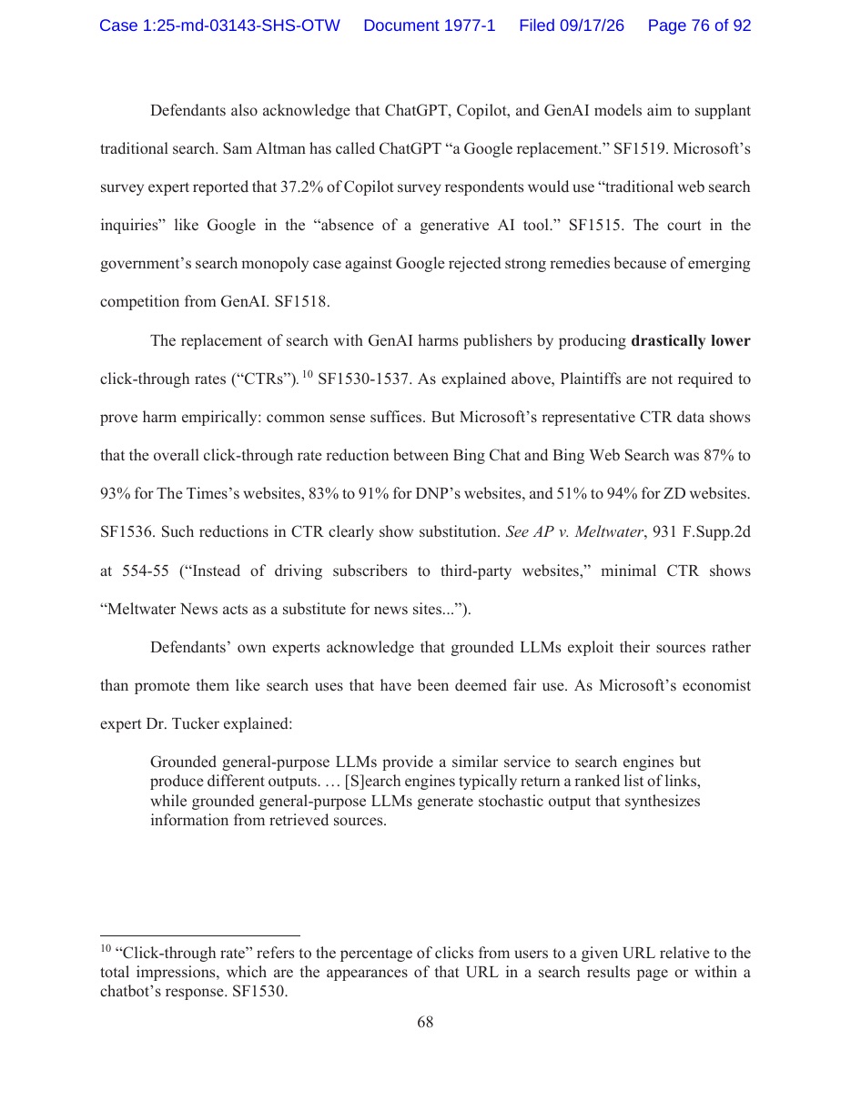 Página 76 del documento 1977-1 del caso 25-md-3143, registrado el 17 de septiembre de 2026, con el párrafo sobre la reducción del CTR entre Bing Chat y la búsqueda web de Bing y la nota 10 que define el click-through rate