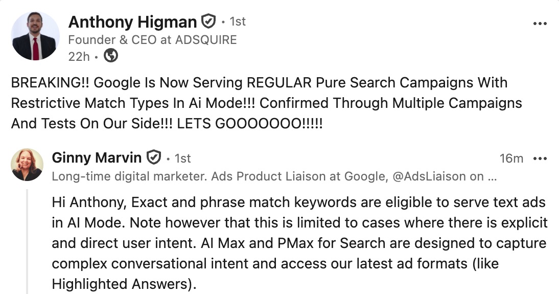 Captura del post de Anthony Higman en LinkedIn con la respuesta de Ginny Marvin confirmando que exact y phrase match pueden servir anuncios de texto en AI Mode