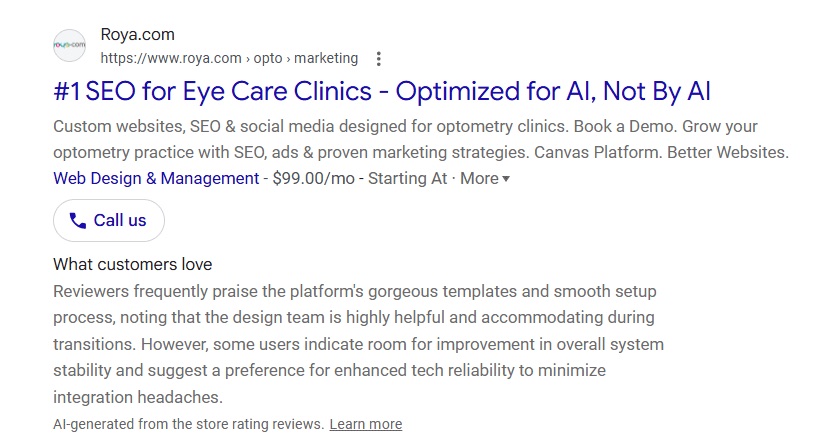 Anuncio de Google Search con el bloque What customers love y la etiqueta AI-generated from the store rating reviews al pie