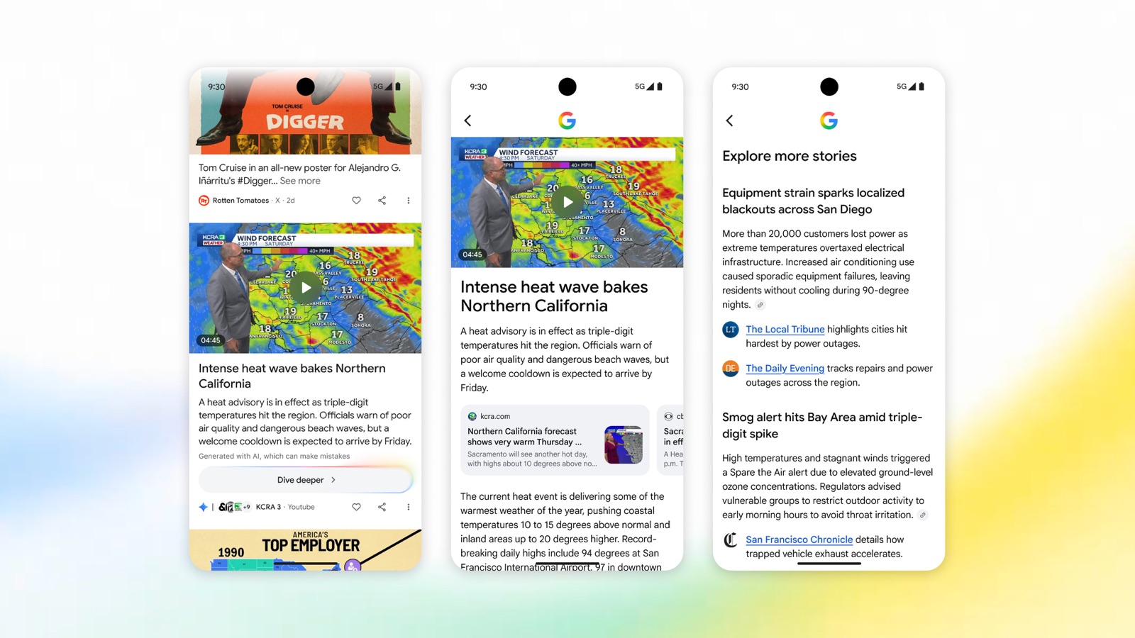 Maqueta oficial de Google con tres pantallas de móvil: la tarjeta de Discover con un vídeo de una ola de calor, resumen de IA, aviso «Generated with AI, which can make mistakes» y botón «Dive deeper»; la vista que se abre, con logo de Google, resumen más largo y un carrusel de tarjetas de fuente; y una tercera pantalla «Explore more stories» con subtemas resumidos y enlaces a medios