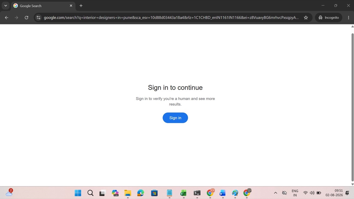 Ventana de Chrome en incógnito mostrando la pantalla de Google Sign in to continue con el texto Sign in to verify you're a human and see more results
