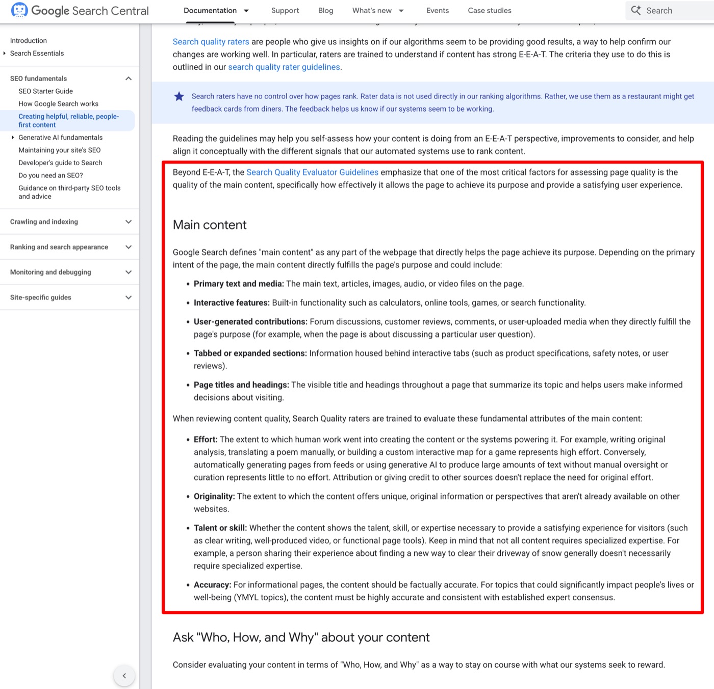 Captura de la guía Creating helpful, reliable, people-first content de Google Search Central con un recuadro rojo sobre el texto nuevo: la frase sobre la calidad del contenido principal, la sección Main content con sus cinco tipos y los atributos Effort, Originality, Talent or skill y Accuracy