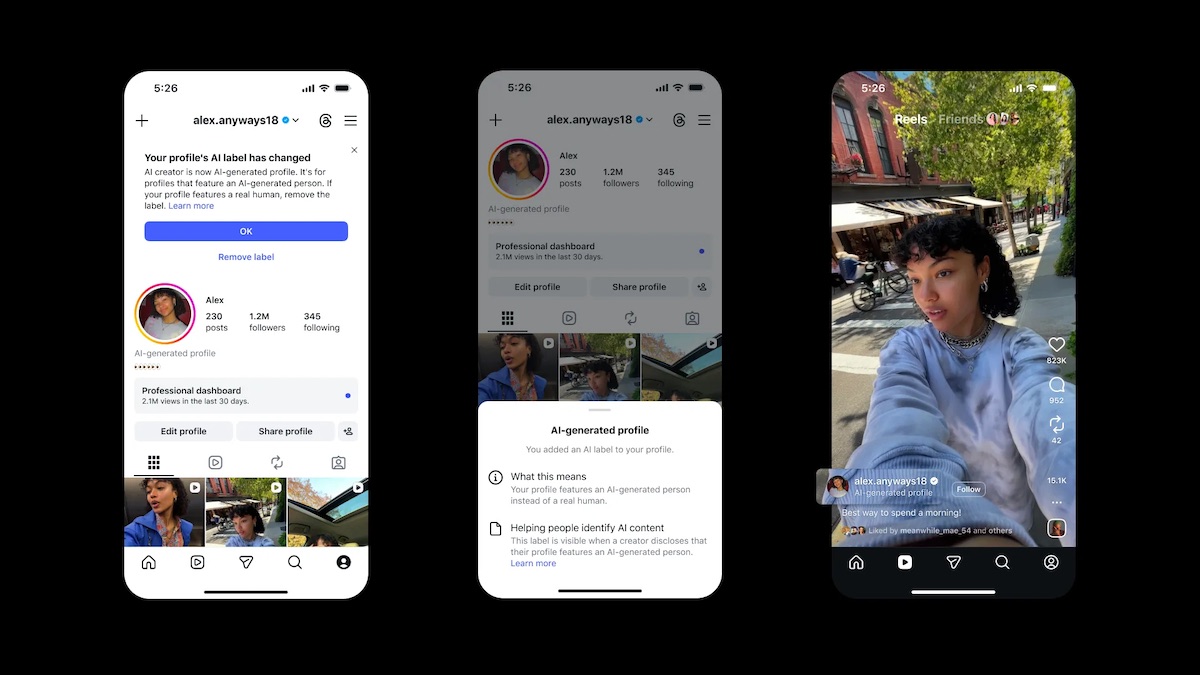 Tres pantallas de Instagram: el aviso de cambio de etiqueta, un perfil con la etiqueta AI-generated profile y la etiqueta visible en un Reel