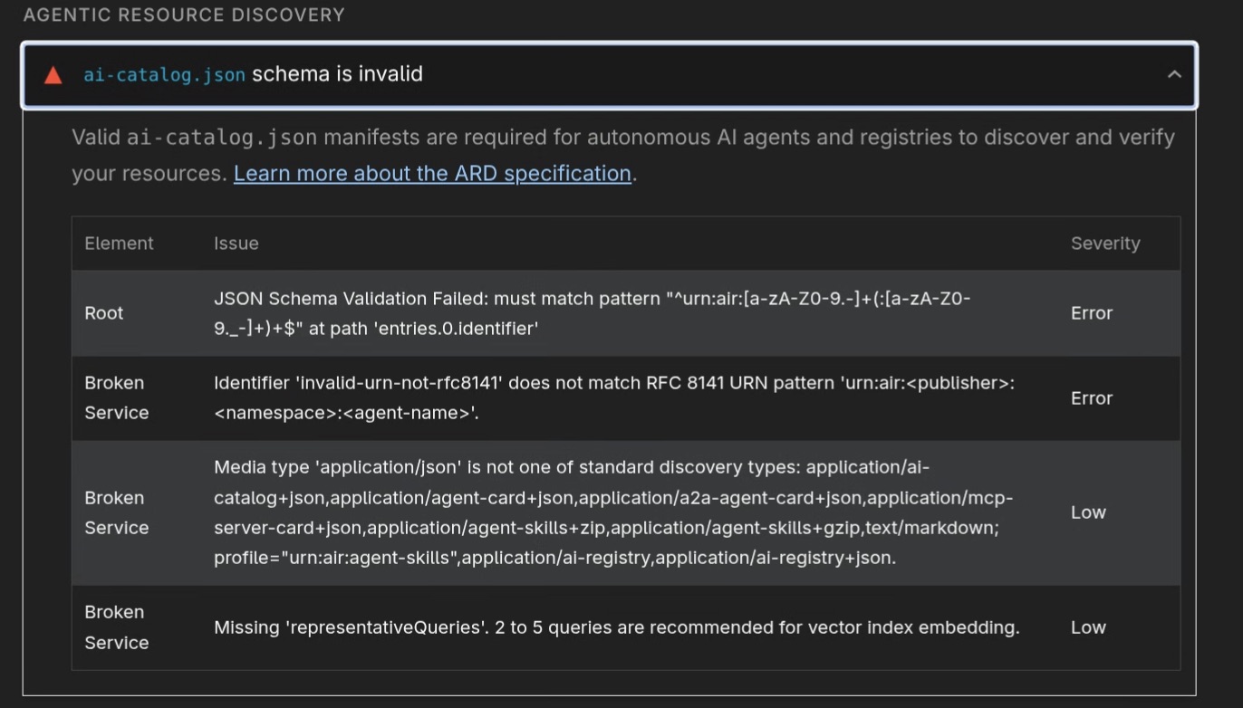 Captura del informe de Lighthouse con la auditoría ai-catalog.json schema is invalid: una tabla con dos errores por un identificador que no cumple el patrón URN urn:air y dos avisos de severidad baja por un media type no estándar y por la falta de representativeQueries