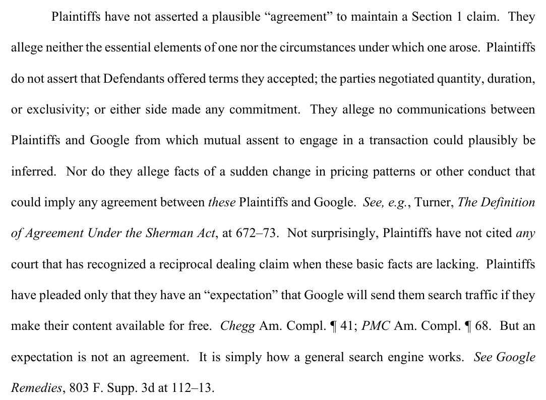 Párrafo de la página 20 de la opinión del juez Mehta que termina con la frase But an expectation is not an agreement. It is simply how a general search engine works