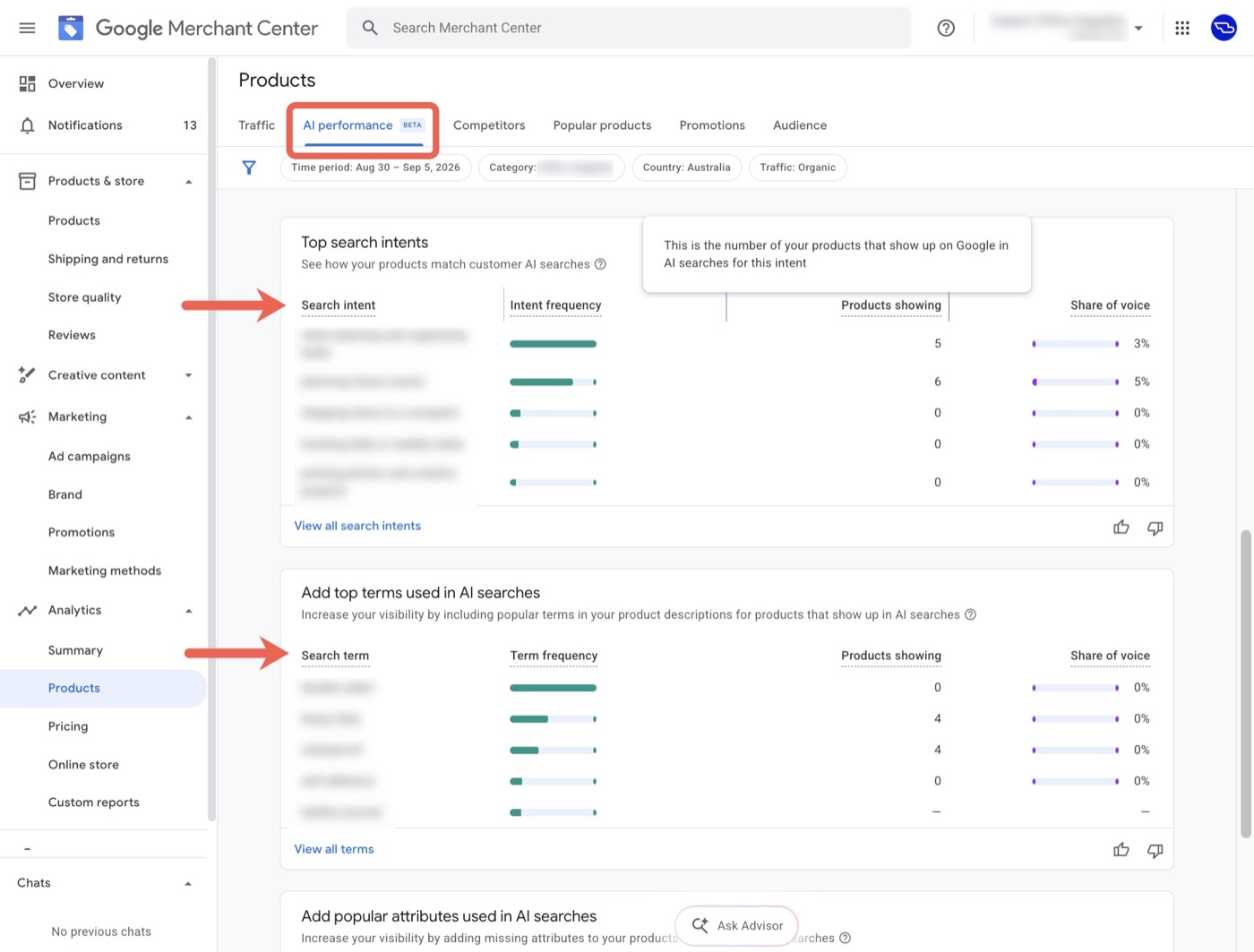 Captura de la pestaña AI performance de Google Merchant Center con los bloques Top search intents y Add top terms used in AI searches, y las columnas Intent frequency, Products showing y Share of voice