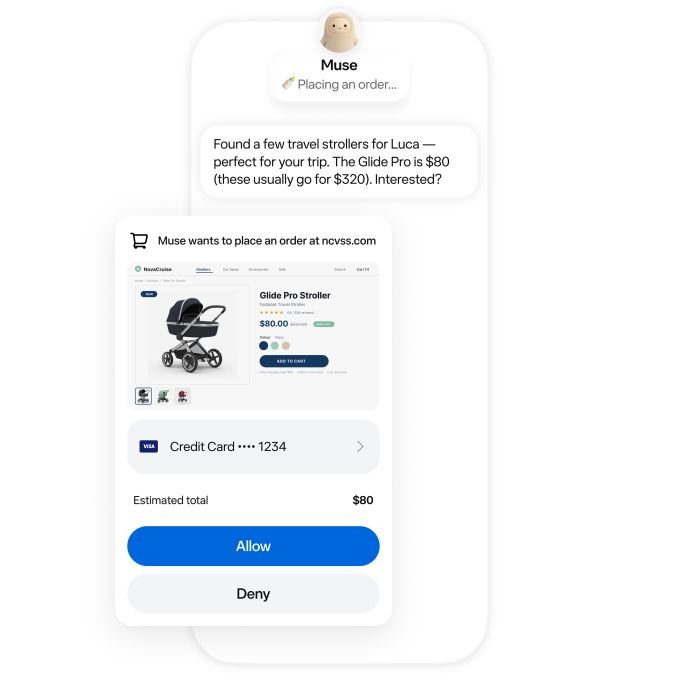Captura de Muse pidiendo aprobación antes de comprar: mensaje del agente proponiendo un carrito, ficha del producto con precio de 80 dólares, tarjeta de crédito terminada en 1234, total estimado y botones Allow y Deny