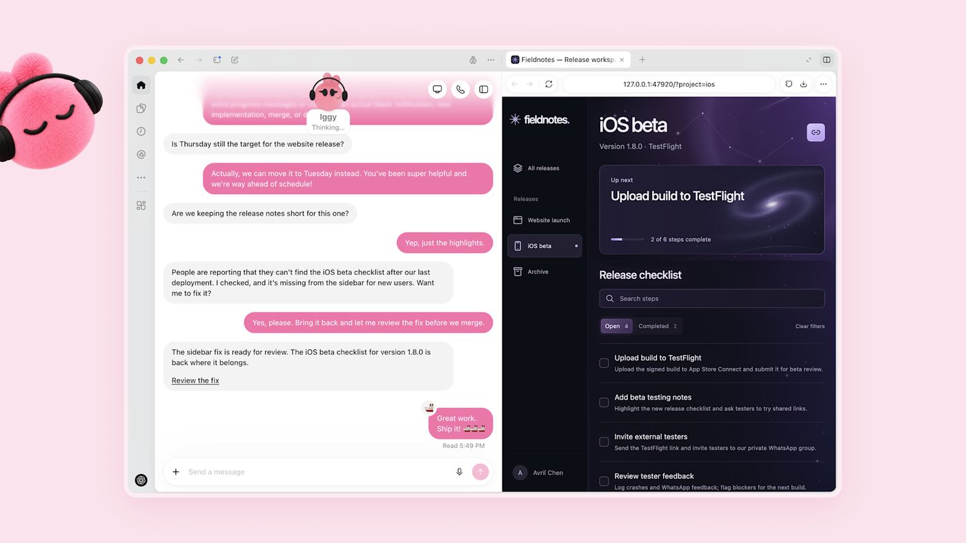 Captura de Dots: a la izquierda, la conversación con un dot llamado Iggy que detecta que falta una lista de comprobación de una beta de iOS y propone arreglarlo; a la derecha, su navegador en la nube con la aplicación de gestión de lanzamientos abierta