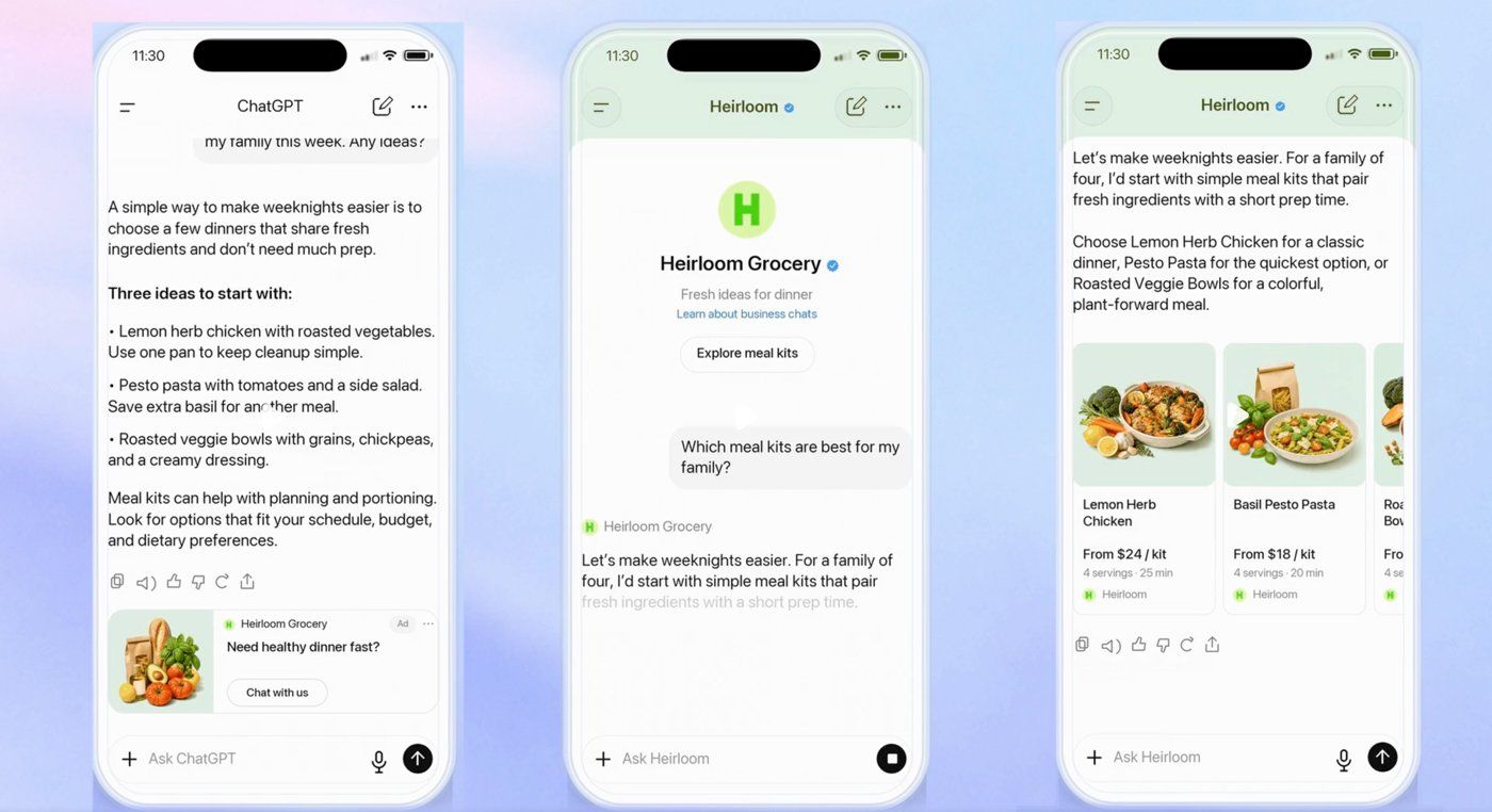 Tres pantallas de móvil: una respuesta de ChatGPT con un anuncio de Heirloom Grocery y el botón Chat with us, la vista del agente de la marca con la caja Ask Heirloom y la respuesta del agente con tarjetas de kits de comida y precios