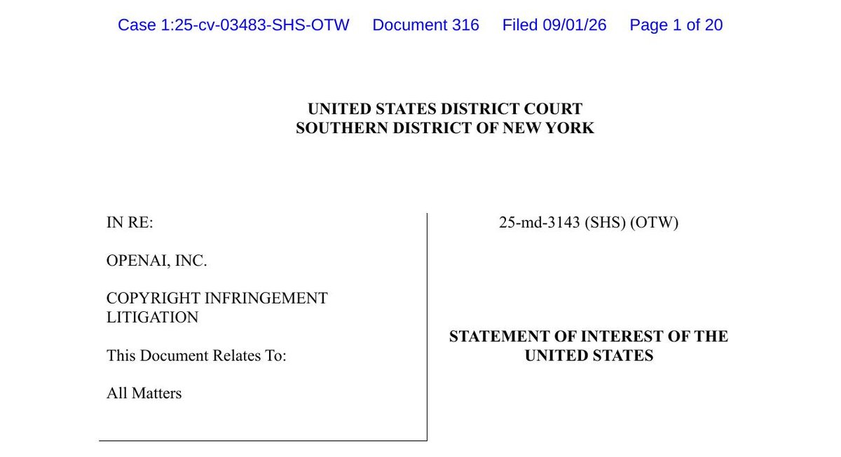 Portada del escrito judicial Statement of Interest of the United States en el caso In re OpenAI Inc Copyright Infringement Litigation, con el sello de registro del 1 de septiembre de 2026