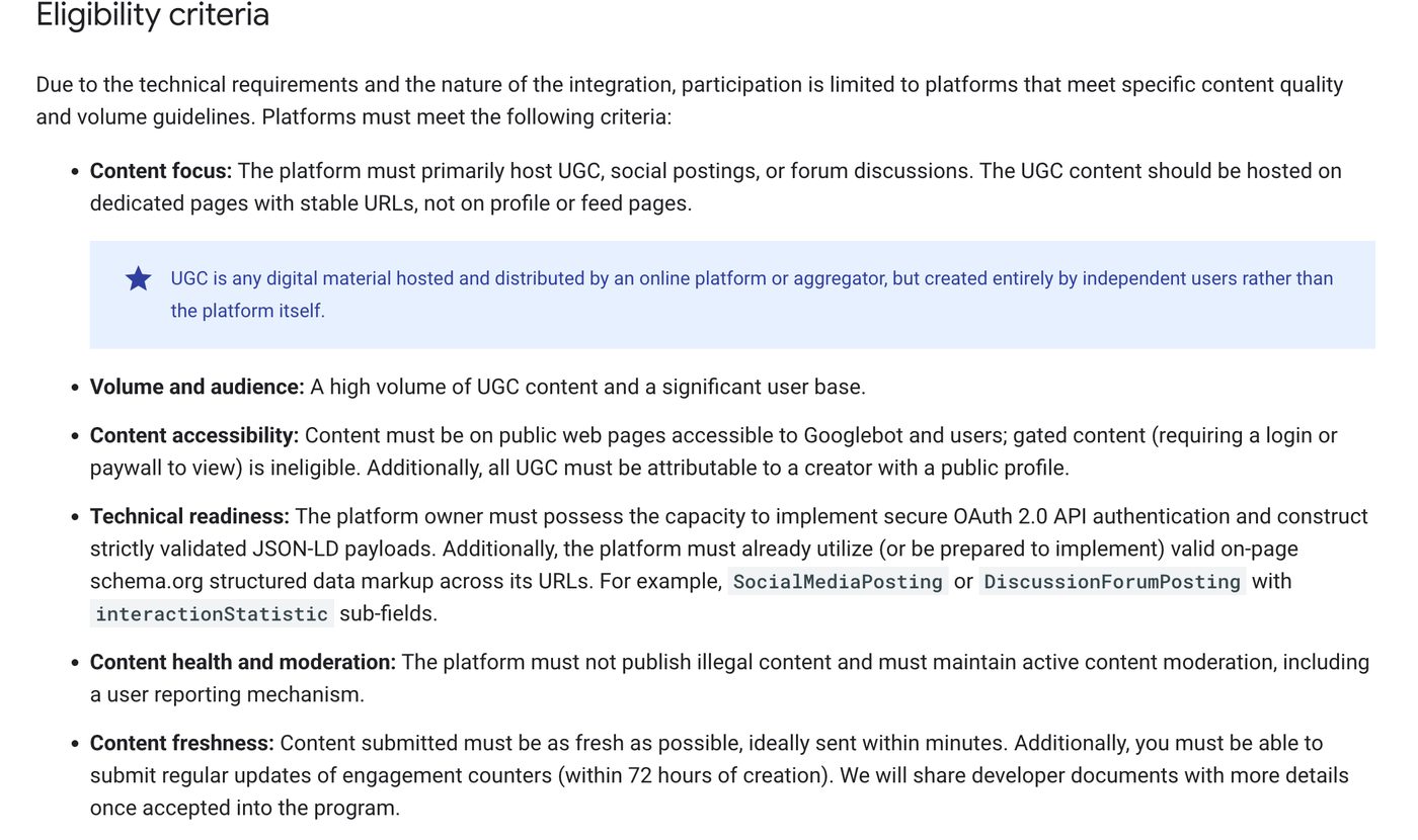 Captura de la sección Eligibility criteria de la documentación de Google del UGC Fresh Data Program, con los seis requisitos: content focus, volume and audience, content accessibility, technical readiness, content health and moderation y content freshness