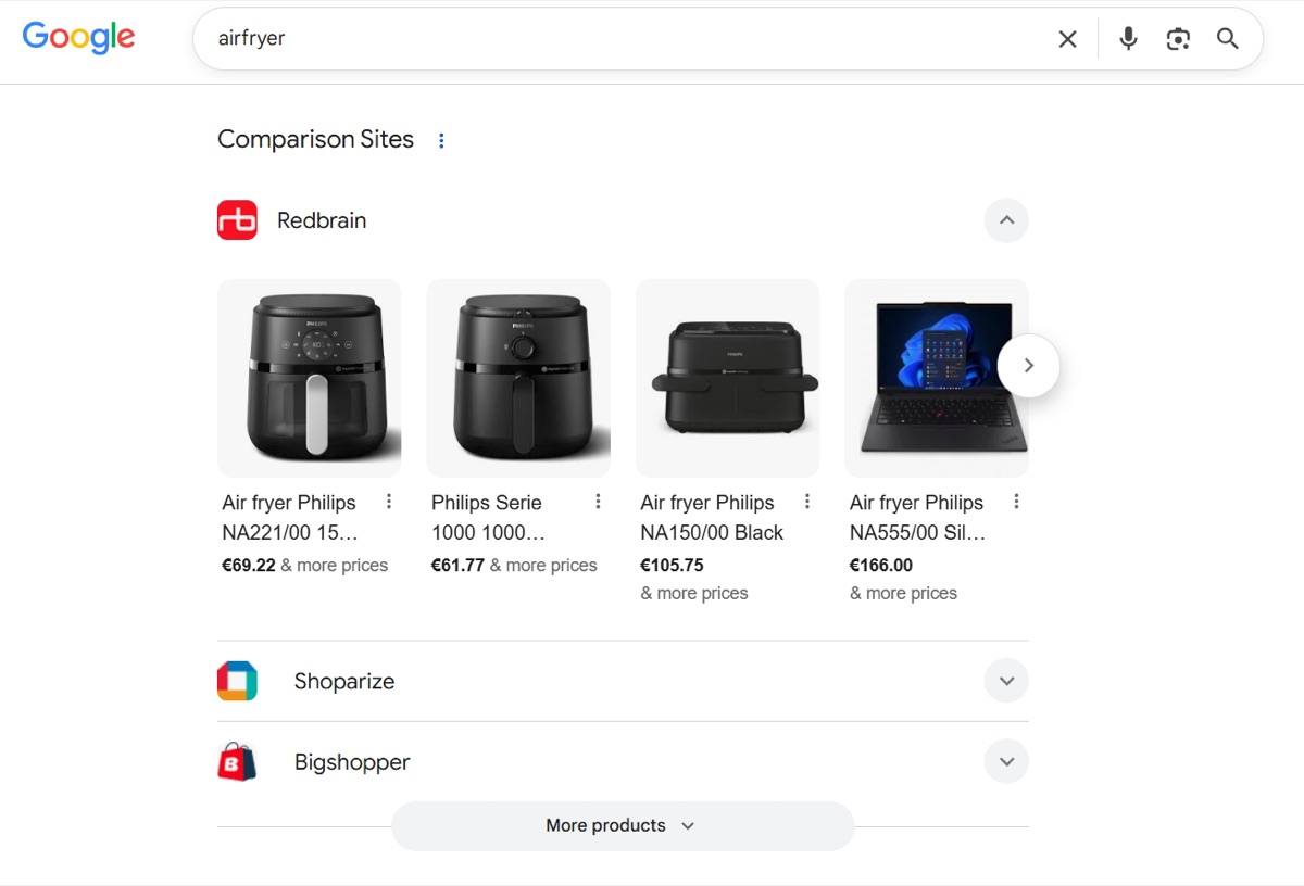 Captura de una SERP de Google para la consulta airfryer con la unidad Comparison Sites: Redbrain desplegado con cuatro fichas de freidora de aire con precio y la nota «& more prices», y debajo Shoparize y Bigshopper plegados, con un botón More products