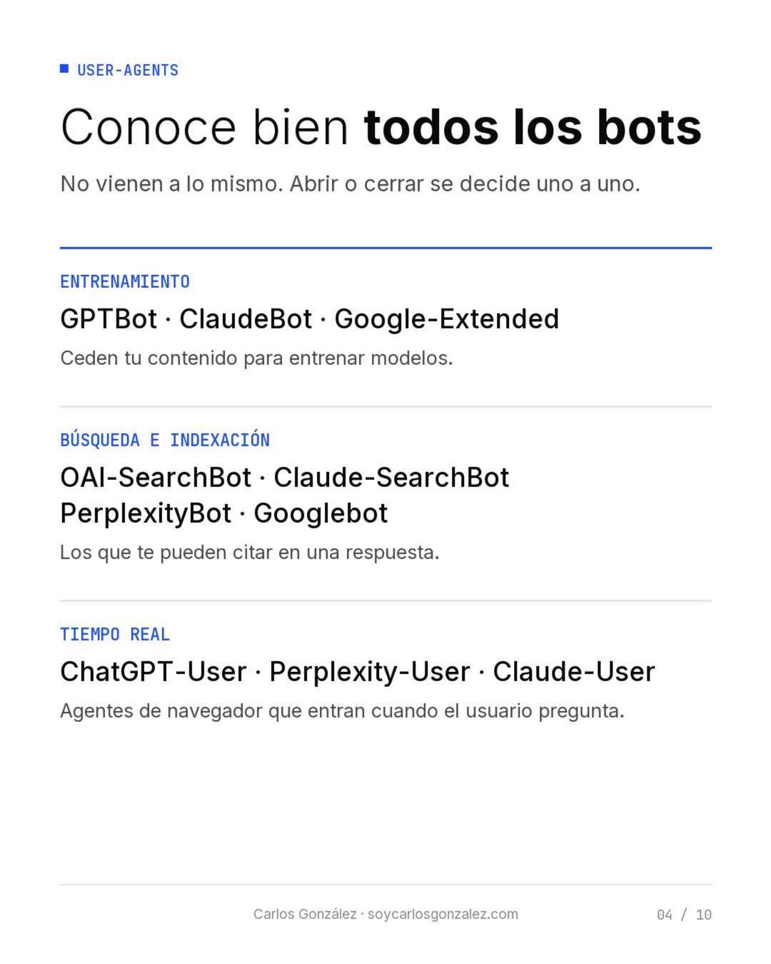 User-agents de IA: entrenamiento (GPTBot, ClaudeBot, Google-Extended), búsqueda (OAI-SearchBot, Claude-SearchBot, PerplexityBot, Googlebot) y tiempo real (ChatGPT-User, Perplexity-User, Claude-User)
