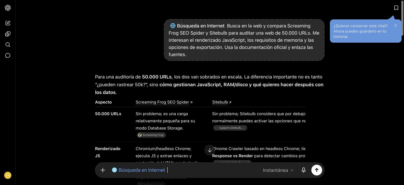 Prueba real en ChatGPT web: prompt sobre Screaming Frog y Sitebulb y respuesta con enlaces a su documentación