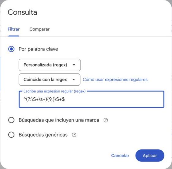 Ventana real de Search Console con Personalizada regex y el patrón de diez palabras