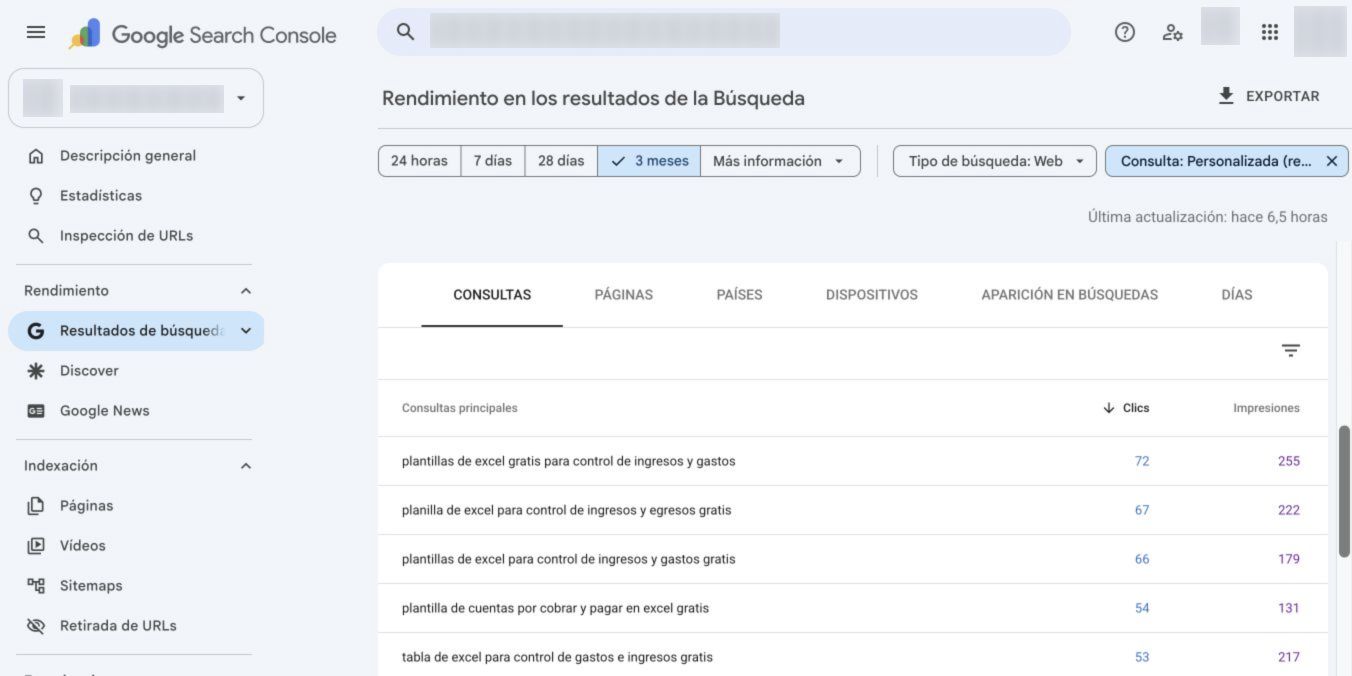 Consultas largas en Search Console ordenadas por clics y con la propiedad anonimizada