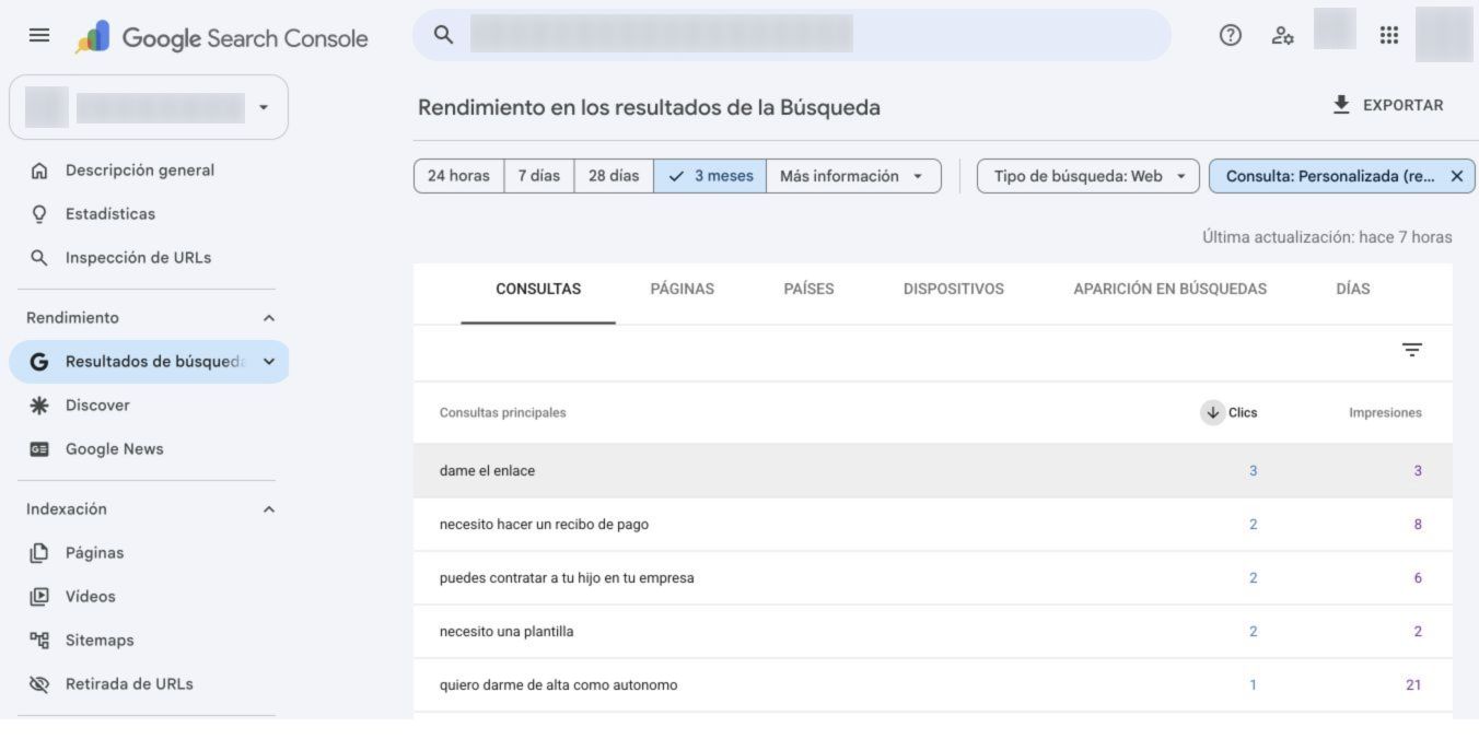 Consultas cortas de Search Console como dame el enlace y necesito una plantilla con clics e impresiones