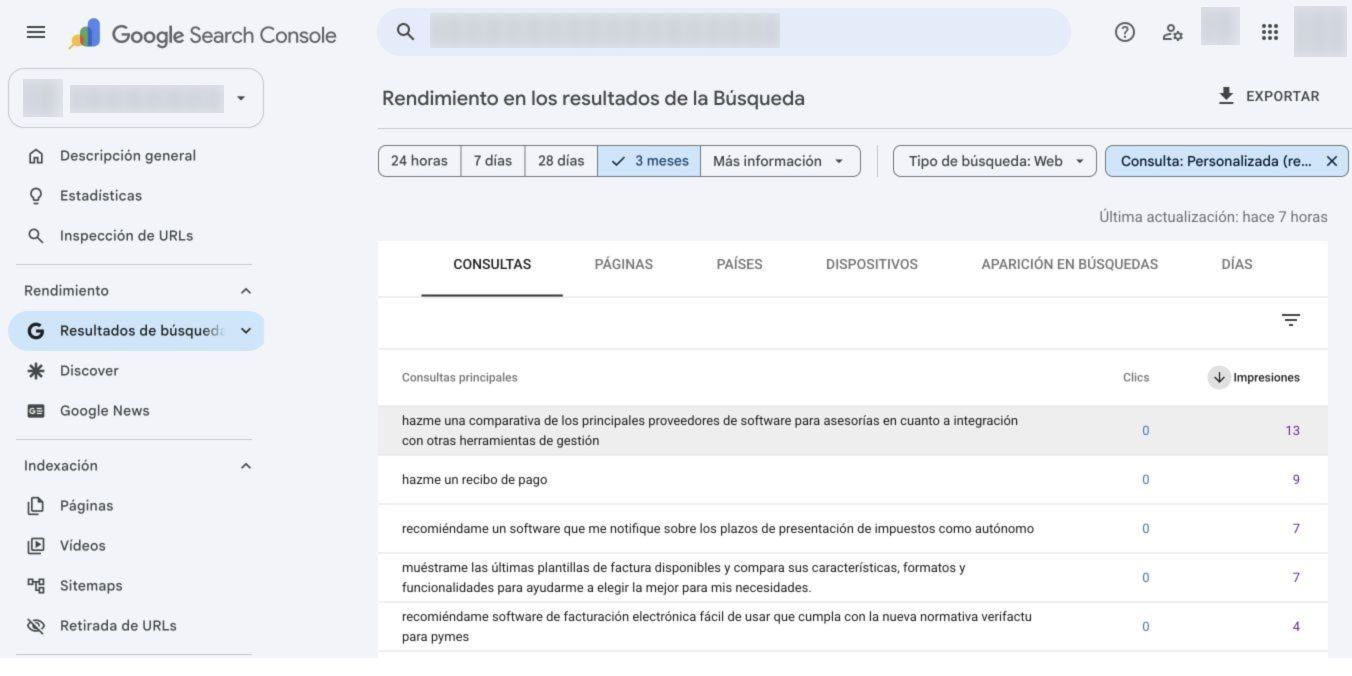 Peticiones completas de comparación y recomendación encontradas en Search Console mediante regex