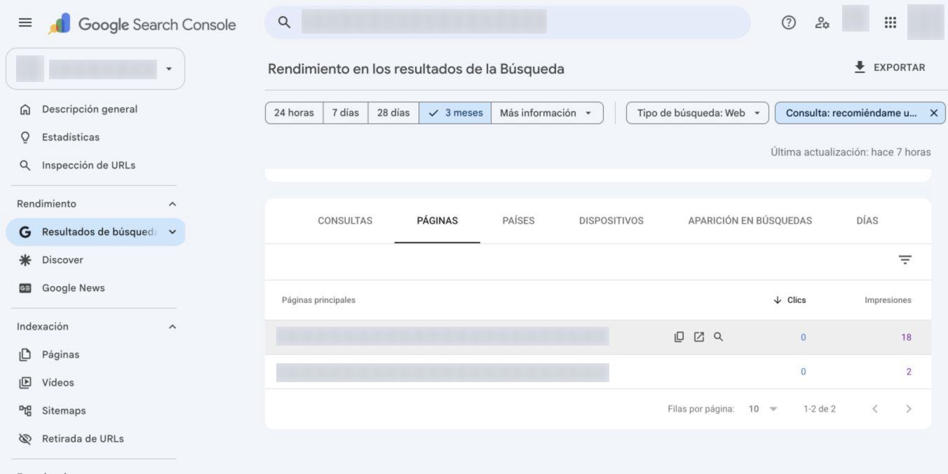 Pestaña Páginas con la consulta exacta seleccionada y dos URLs ocultas por confidencialidad