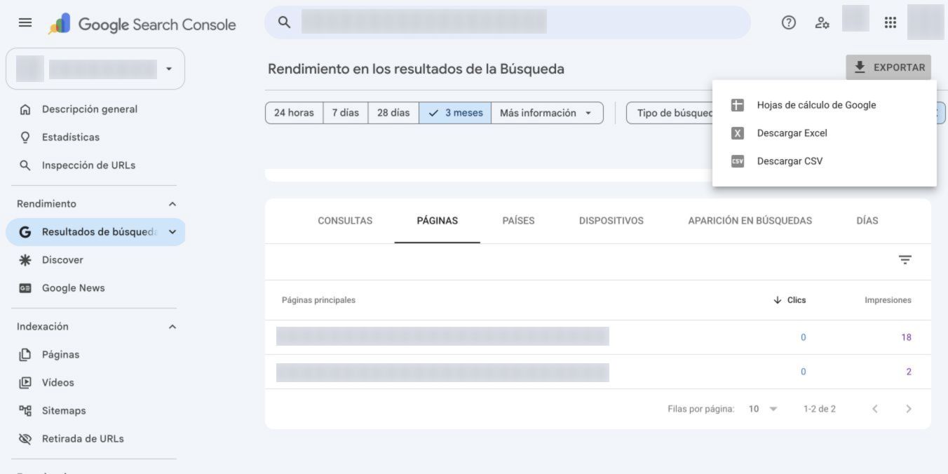 Menú real de exportación de Search Console con las opciones de Excel y CSV