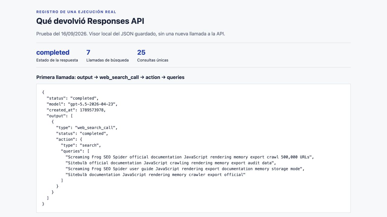 Resultado real de Responses API con estado completed, siete llamadas de búsqueda, veinticinco consultas únicas y el array queries de la primera llamada