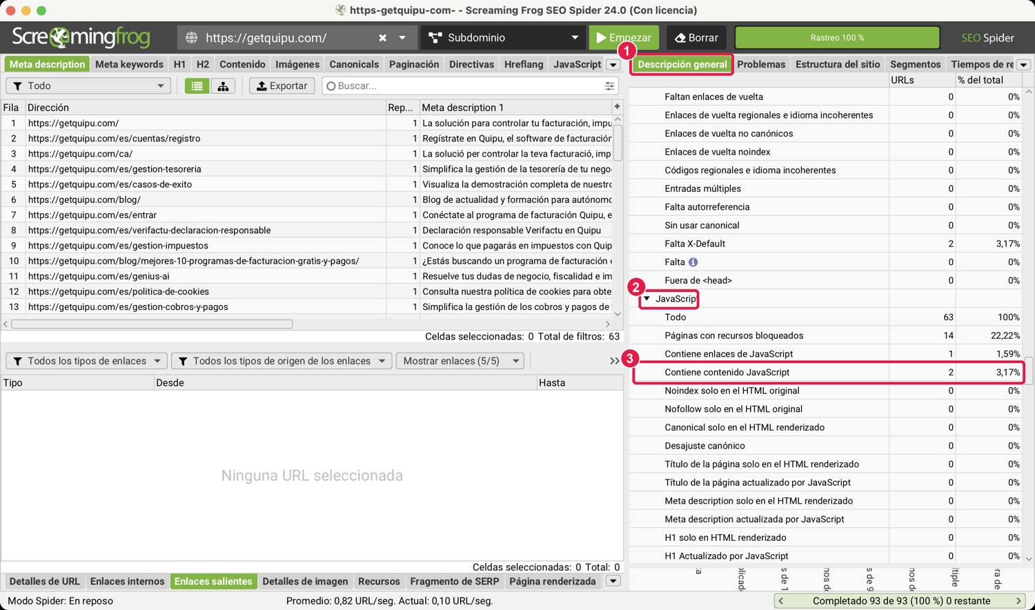 Barra lateral Descripción general de Screaming Frog con la sección JavaScript y el filtro Contiene contenido JavaScript