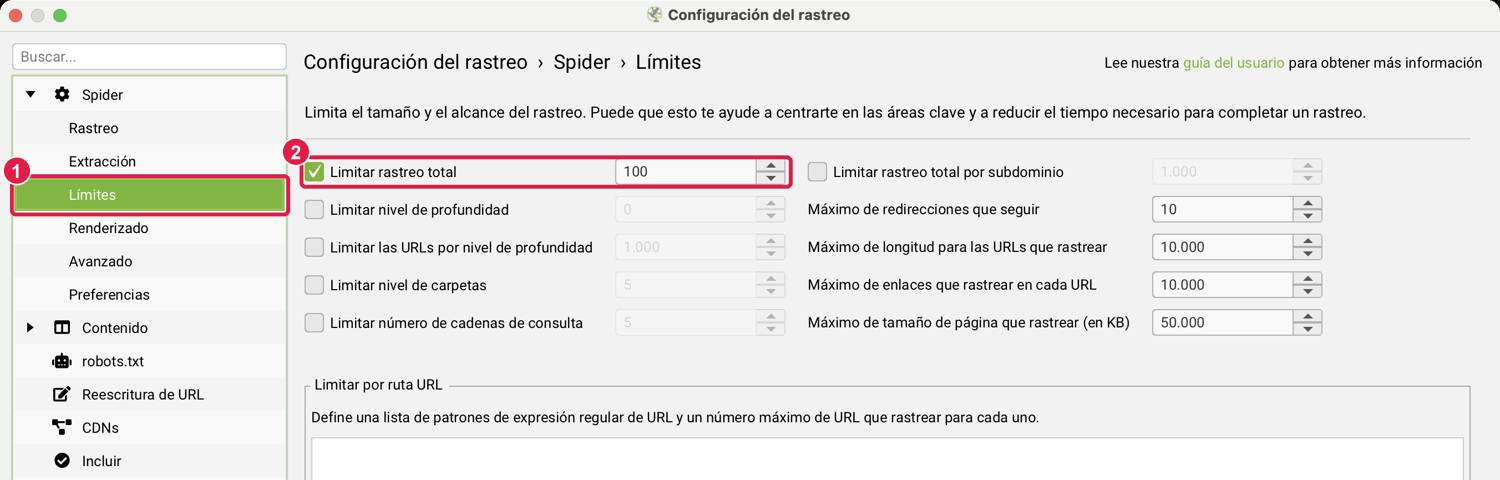 Pantalla Límites de Screaming Frog con Limitar rastreo total marcado y un límite de 100 URLs