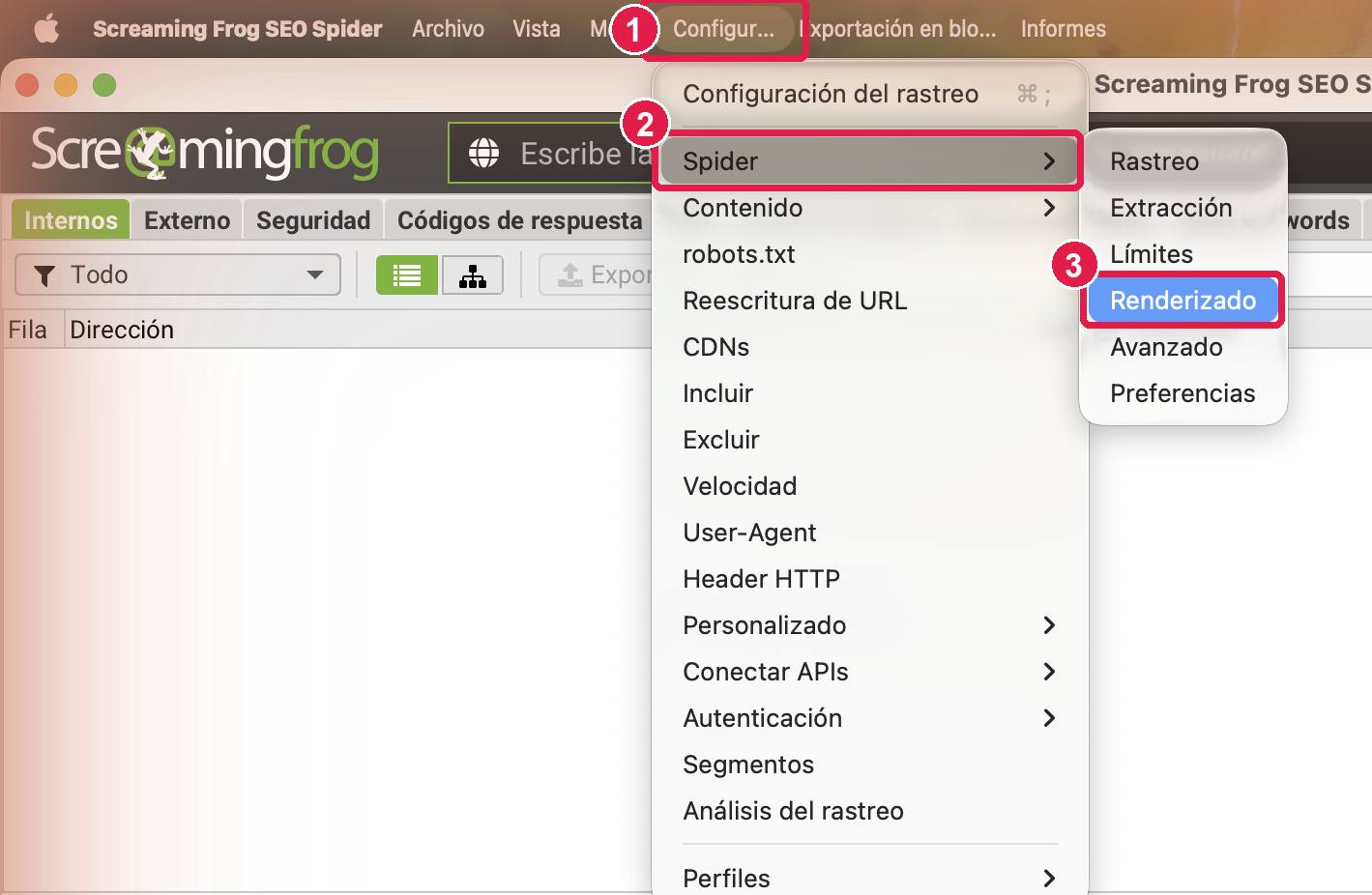 Menú de Screaming Frog SEO Spider en español: Configuración, Spider y Renderizado marcados en orden para activar el renderizado JavaScript