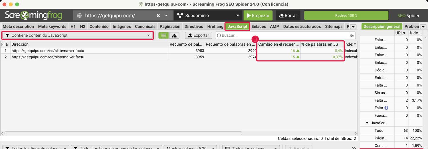 Pestaña JavaScript de Screaming Frog filtrada por Contiene contenido JavaScript, con las columnas Cambio en el recuento de palabras y % de palabras en JS