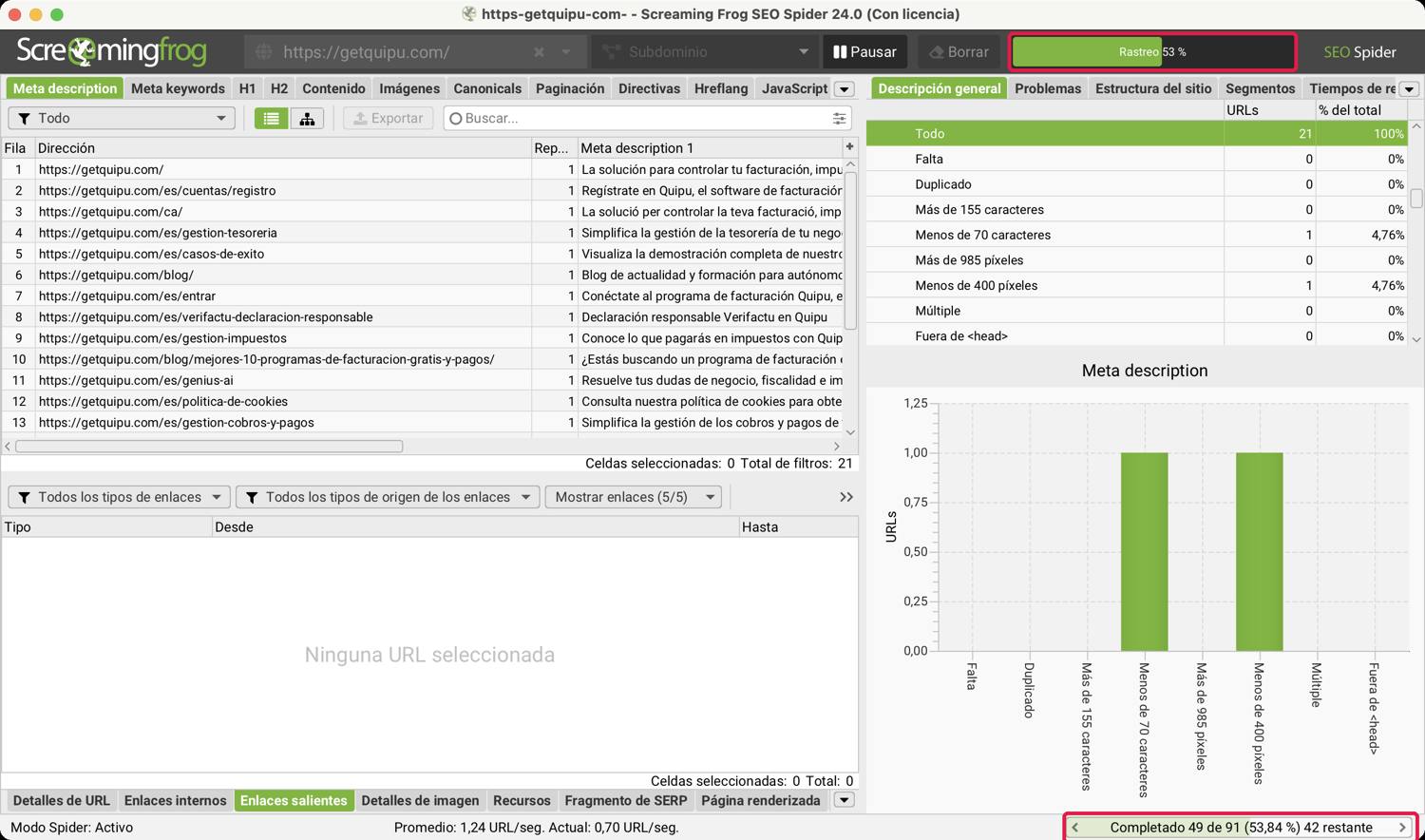Rastreo con renderizado JavaScript en curso en Screaming Frog, con la barra de progreso y el contador de URLs completadas