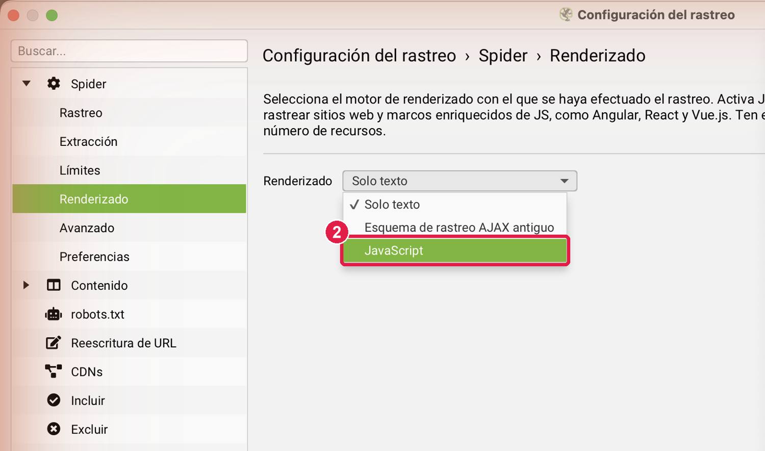 Desplegable de renderizado de Screaming Frog con las opciones Solo texto, Esquema de rastreo AJAX antiguo y JavaScript