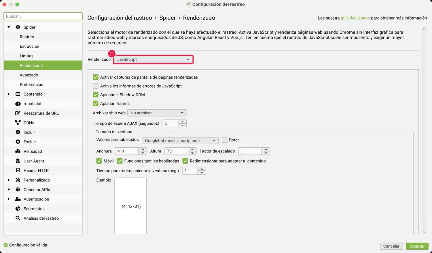 Renderizado JavaScript activado en Screaming Frog con las opciones de Chrome: capturas de pantalla, tiempo de espera AJAX y tamaño de ventana de Googlebot móvil
