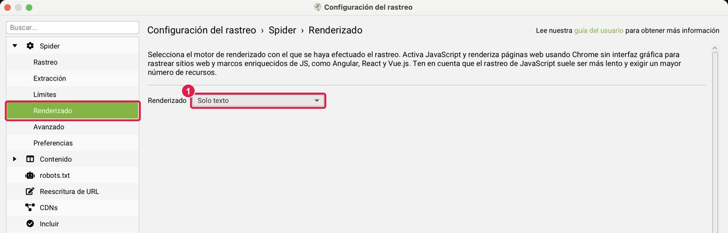 Pantalla Renderizado de la configuración del rastreo de Screaming Frog con el selector en Solo texto