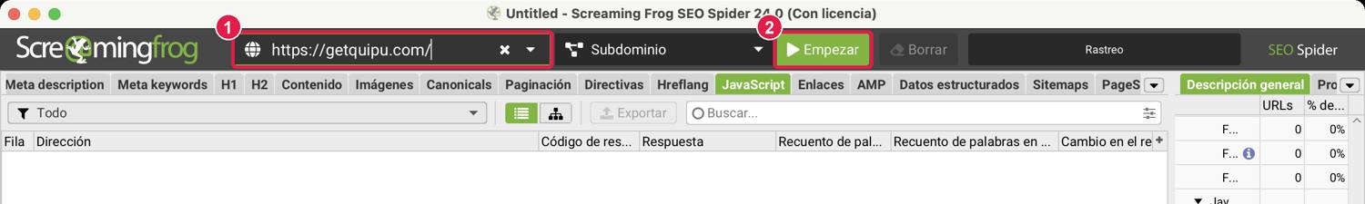 Barra superior de Screaming Frog con la URL de getquipu.com y el botón Empezar para lanzar el rastreo