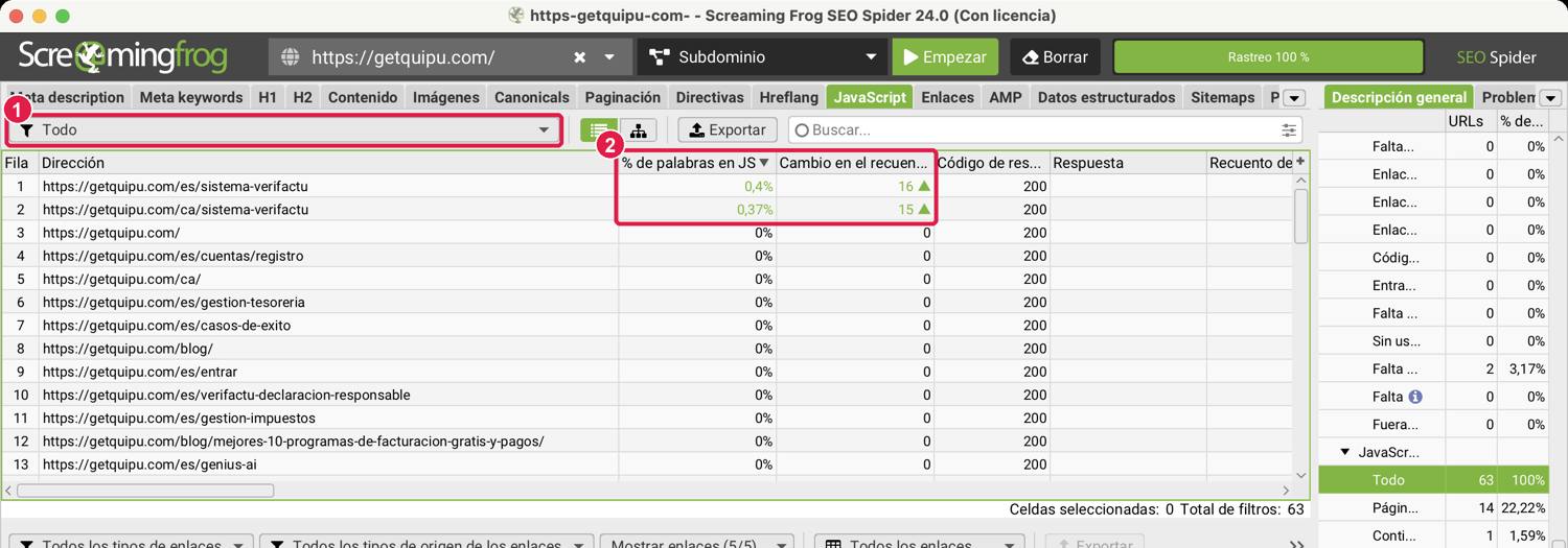 Todas las URLs de la pestaña JavaScript de Screaming Frog ordenadas por % de palabras en JS de mayor a menor