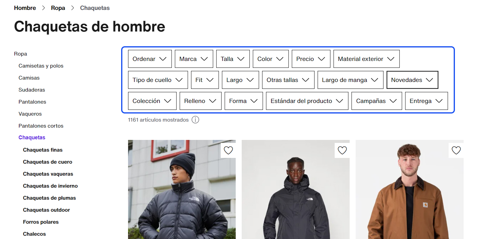 Ejemplo de sección Chaquetas para Hombre en Zalando